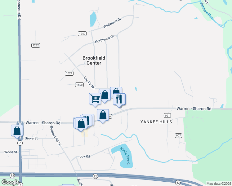 map of restaurants, bars, coffee shops, grocery stores, and more near 7325 Warren - Sharon Road in Brookfield Center