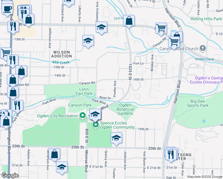 map of restaurants, bars, coffee shops, grocery stores, and more near 1679 Fowler Avenue in Ogden