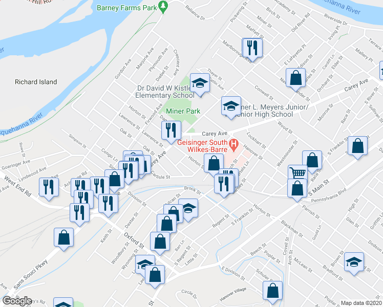 map of restaurants, bars, coffee shops, grocery stores, and more near 259 Horton Street in Wilkes-Barre