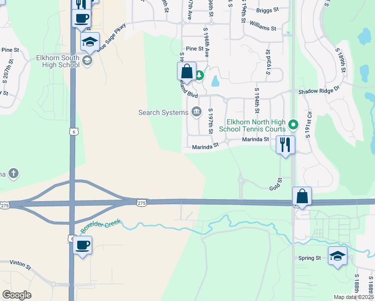 map of restaurants, bars, coffee shops, grocery stores, and more near 19815 Marinda Street in Omaha
