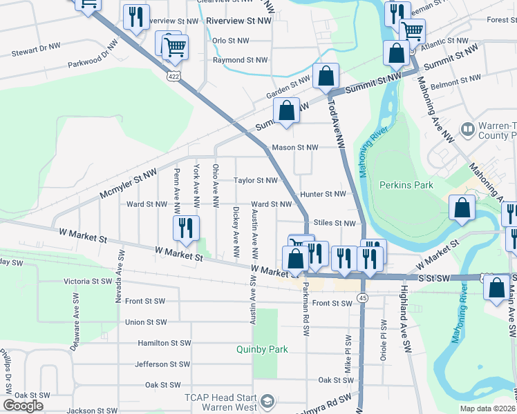 map of restaurants, bars, coffee shops, grocery stores, and more near 255 Haymaker Avenue Northwest in Warren