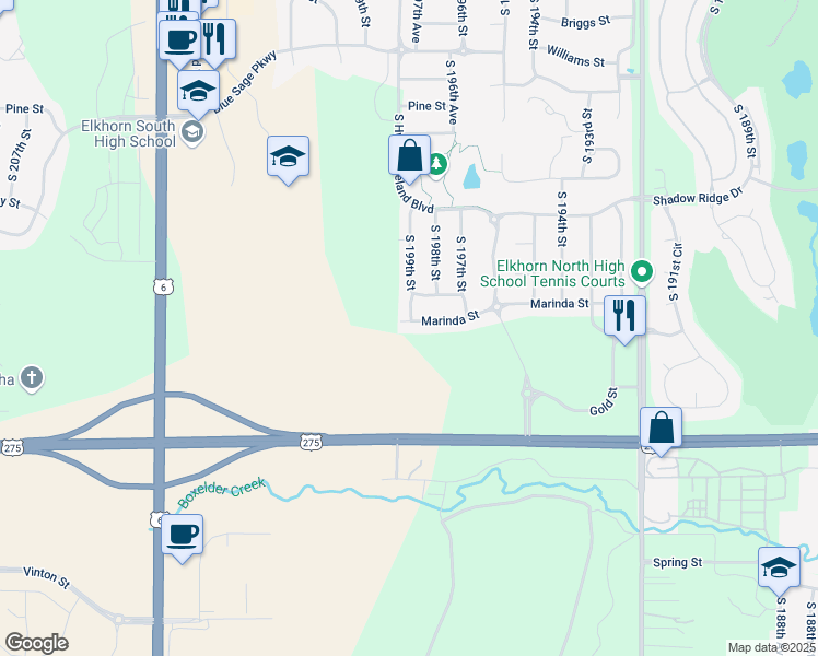 map of restaurants, bars, coffee shops, grocery stores, and more near 19903 Marinda Street in Omaha