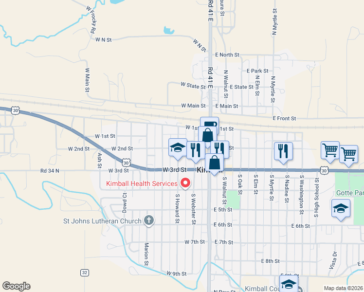 map of restaurants, bars, coffee shops, grocery stores, and more near 215 W 2nd St in Kimball