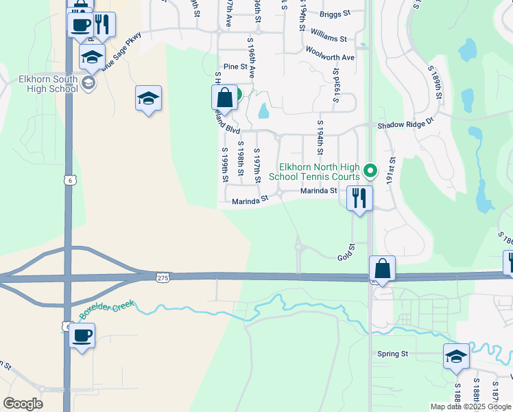 map of restaurants, bars, coffee shops, grocery stores, and more near 19709 Marinda Street in Omaha