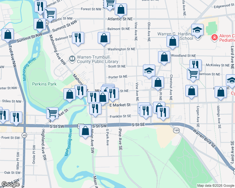 map of restaurants, bars, coffee shops, grocery stores, and more near 182 High Street Northeast in Warren