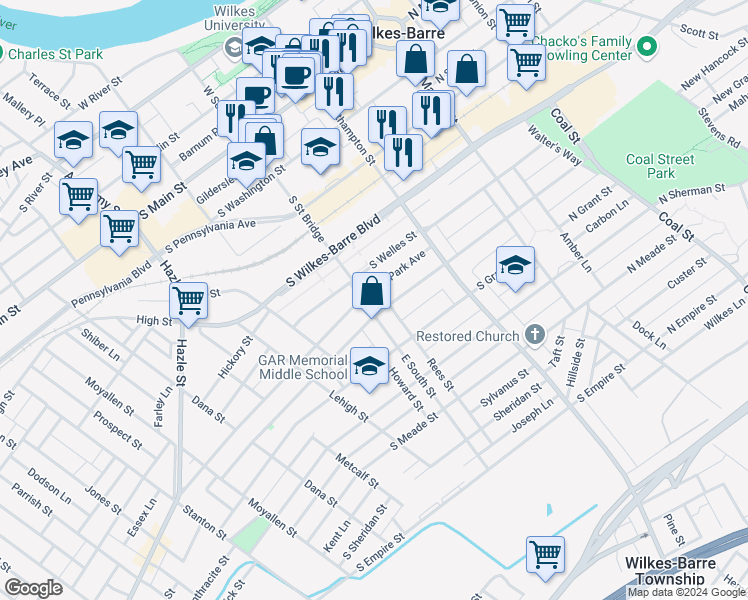 map of restaurants, bars, coffee shops, grocery stores, and more near 72 Park Avenue in Wilkes-Barre