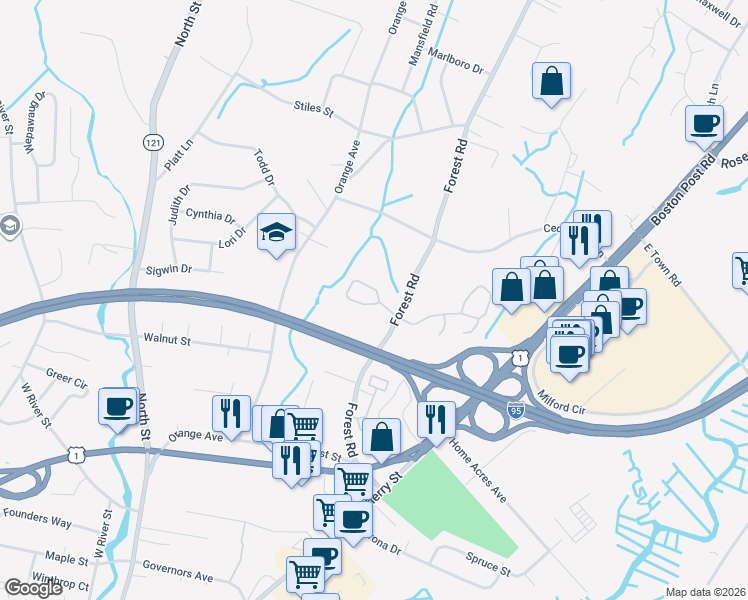map of restaurants, bars, coffee shops, grocery stores, and more near 150 Forest Road in Milford
