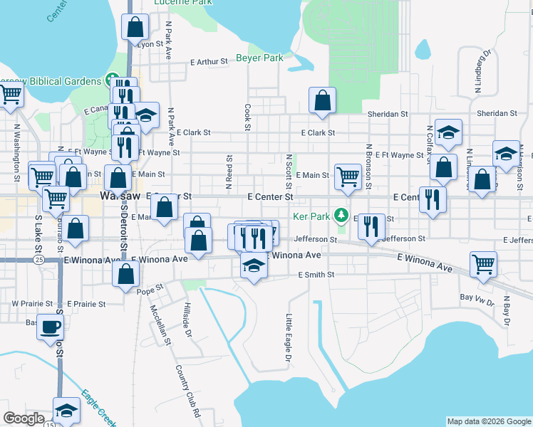 map of restaurants, bars, coffee shops, grocery stores, and more near 922 East Center Street in Warsaw