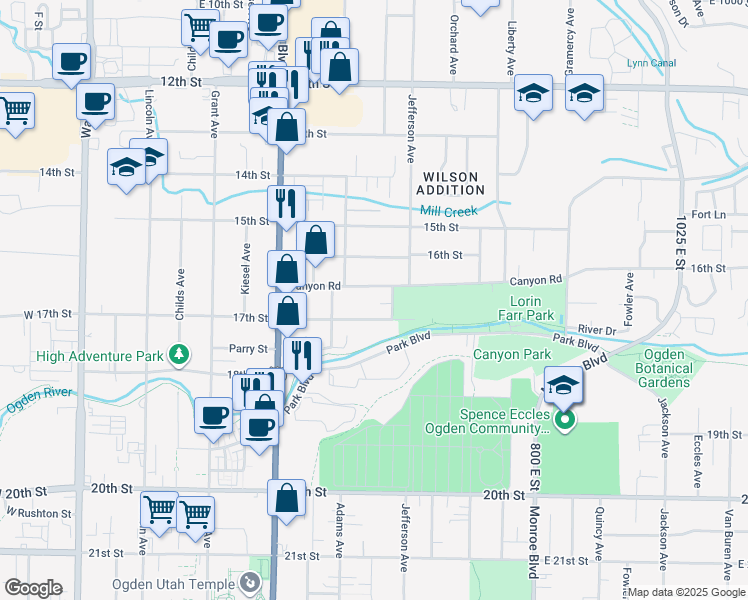 map of restaurants, bars, coffee shops, grocery stores, and more near 543 Canyon Road in Ogden