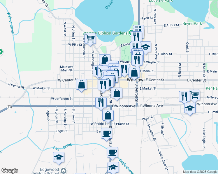 map of restaurants, bars, coffee shops, grocery stores, and more near 121 West Center Street in Warsaw