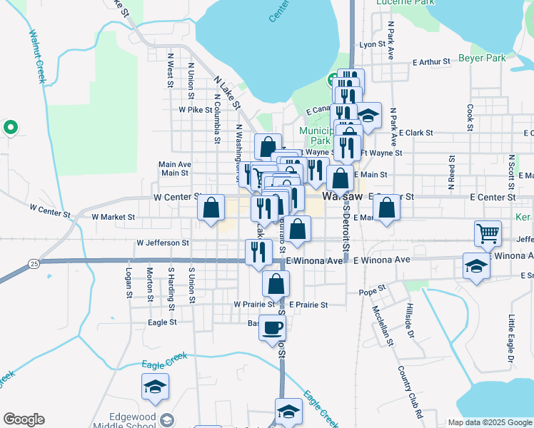 map of restaurants, bars, coffee shops, grocery stores, and more near 121 West Center Street in Warsaw