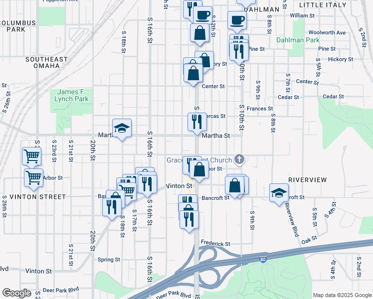 map of restaurants, bars, coffee shops, grocery stores, and more near 1323 Martha Street in Omaha