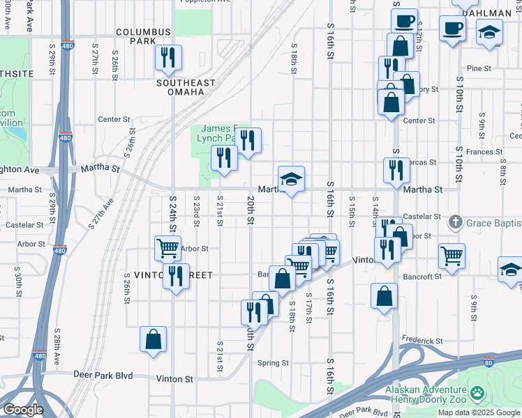 map of restaurants, bars, coffee shops, grocery stores, and more near 1913 Martha Street in Omaha