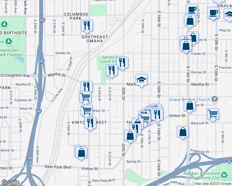 map of restaurants, bars, coffee shops, grocery stores, and more near in Omaha
