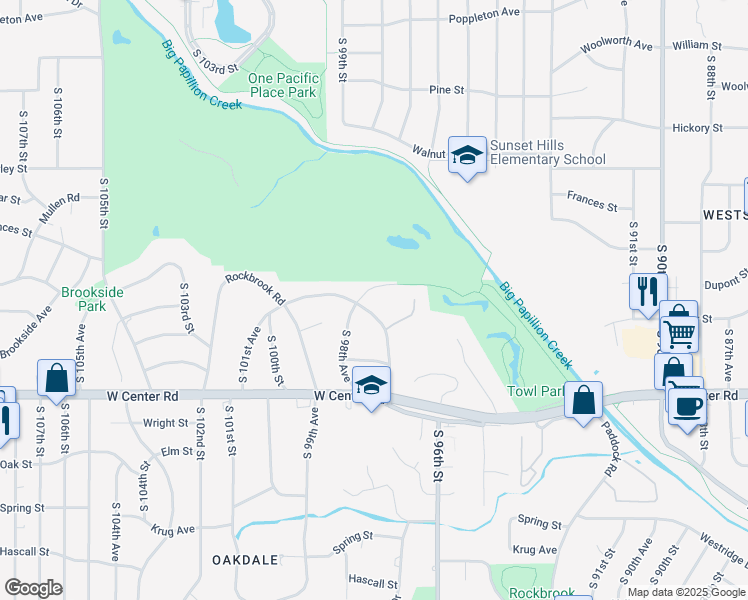 map of restaurants, bars, coffee shops, grocery stores, and more near 9707 Rockbrook Road in Omaha