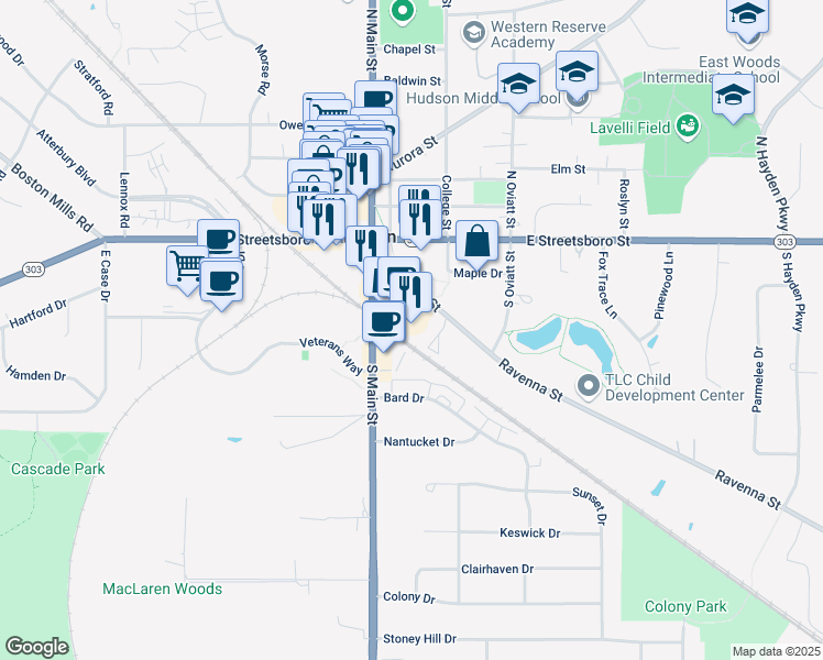map of restaurants, bars, coffee shops, grocery stores, and more near 46 Ravenna Street in Hudson