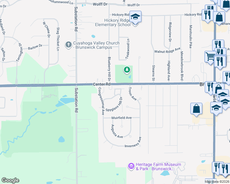 map of restaurants, bars, coffee shops, grocery stores, and more near 4701 Doral Drive in Brunswick