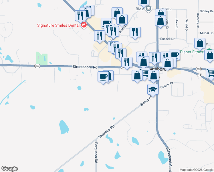 map of restaurants, bars, coffee shops, grocery stores, and more near 1144 Highway 303 in Streetsboro