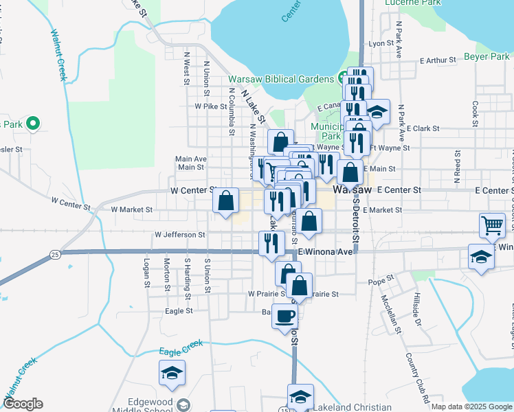 map of restaurants, bars, coffee shops, grocery stores, and more near 220 West Market Street in Warsaw