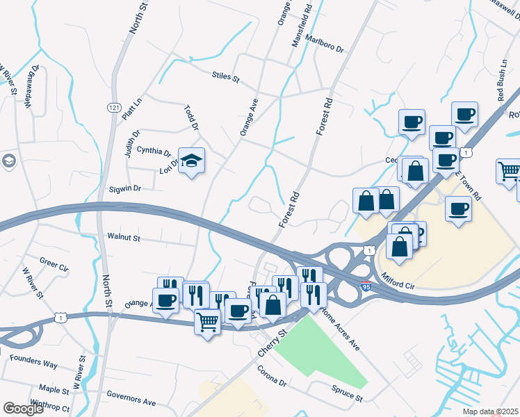 map of restaurants, bars, coffee shops, grocery stores, and more near 150 Forest Road in Milford