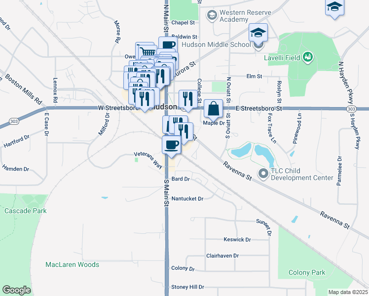 map of restaurants, bars, coffee shops, grocery stores, and more near 46 Ravenna Street in Hudson
