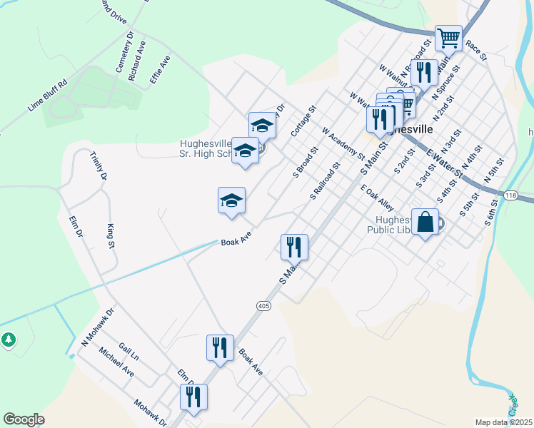 map of restaurants, bars, coffee shops, grocery stores, and more near 350 South Broad Street in Hughesville