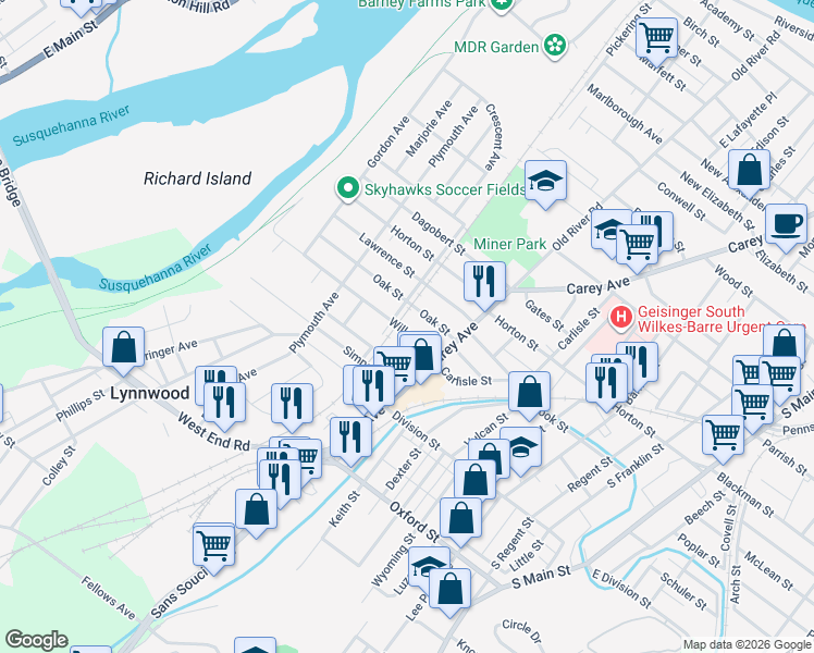 map of restaurants, bars, coffee shops, grocery stores, and more near 91 Willow Street in Wilkes-Barre