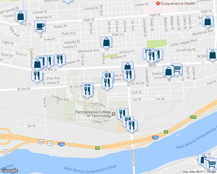 map of restaurants, bars, coffee shops, grocery stores, and more near 333 Park Street in Williamsport