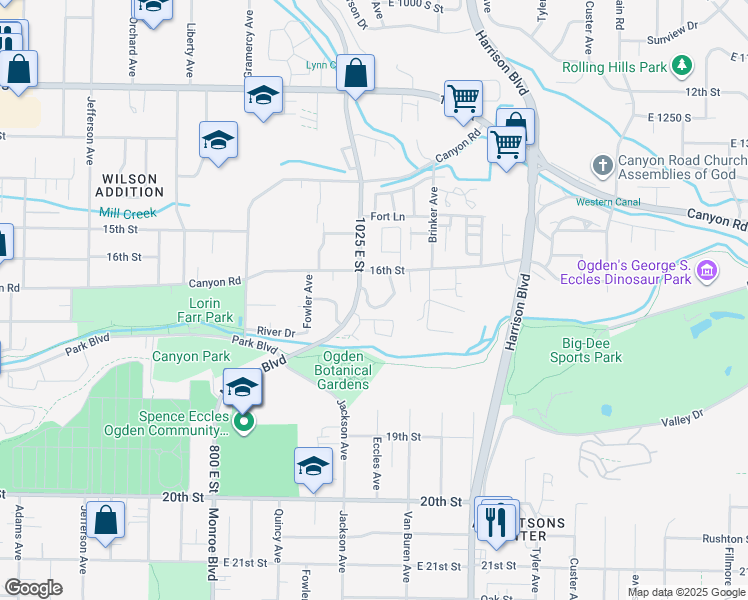 map of restaurants, bars, coffee shops, grocery stores, and more near 1018 Sara Lane in Ogden