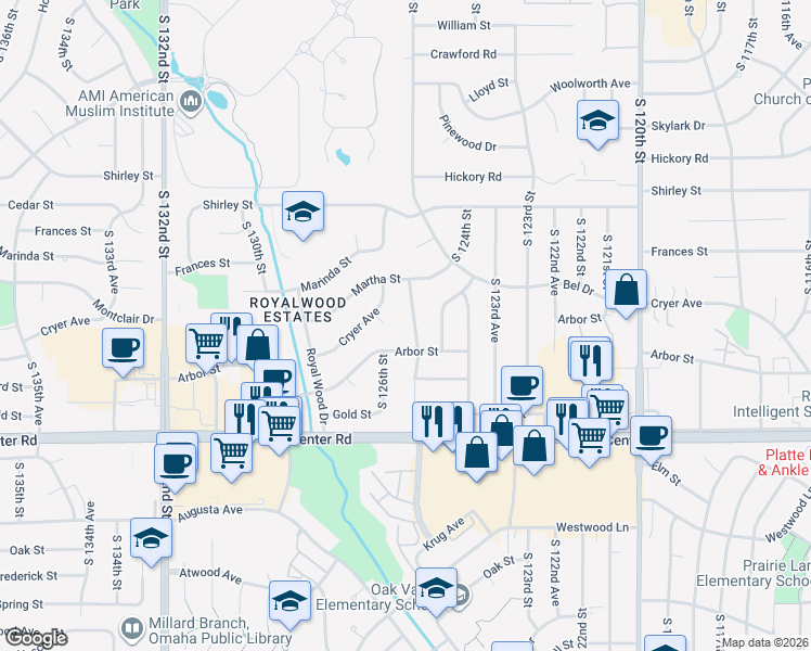 map of restaurants, bars, coffee shops, grocery stores, and more near 2318 South 125th Avenue in Omaha