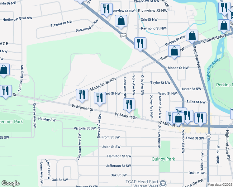 map of restaurants, bars, coffee shops, grocery stores, and more near 1798 Ward Street Northwest in Warren