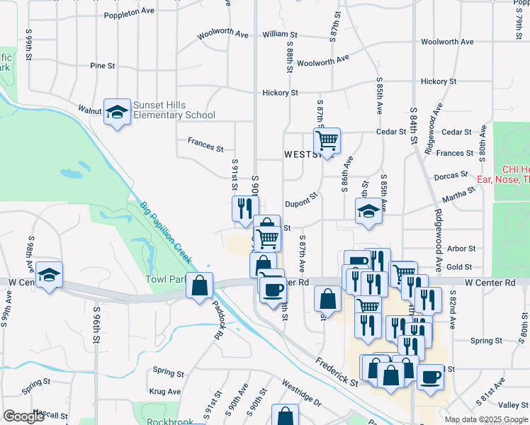 map of restaurants, bars, coffee shops, grocery stores, and more near in Omaha