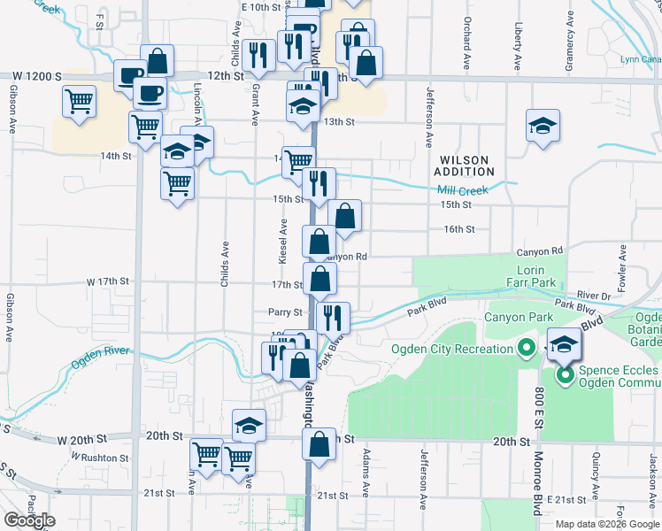 map of restaurants, bars, coffee shops, grocery stores, and more near 434 Canyon Road in Ogden