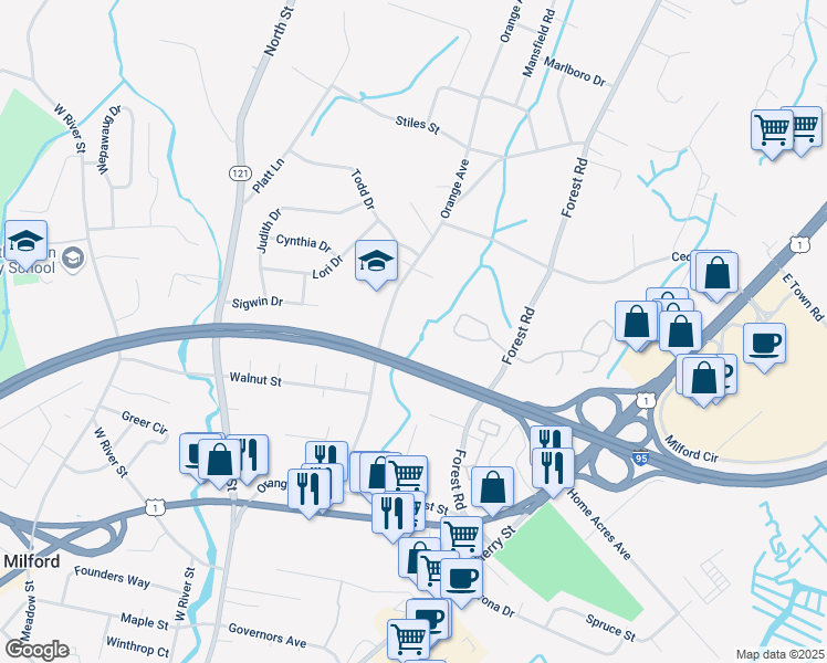 map of restaurants, bars, coffee shops, grocery stores, and more near 239 Orange Avenue in Milford