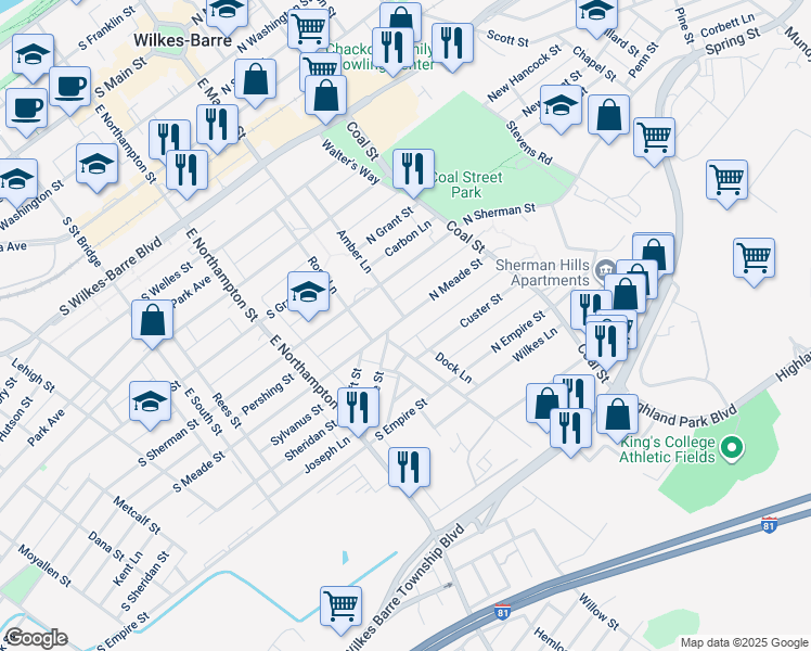 map of restaurants, bars, coffee shops, grocery stores, and more near 155 Amber Lane in Wilkes-Barre