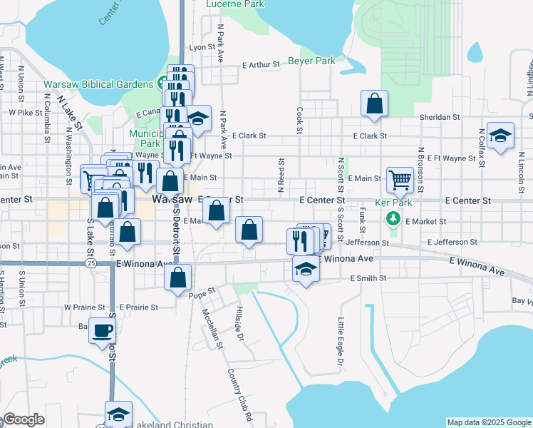 map of restaurants, bars, coffee shops, grocery stores, and more near 720 East Center Street in Warsaw