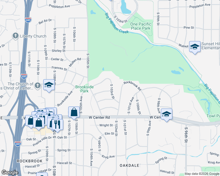 map of restaurants, bars, coffee shops, grocery stores, and more near 2202 South 103rd Street in Omaha
