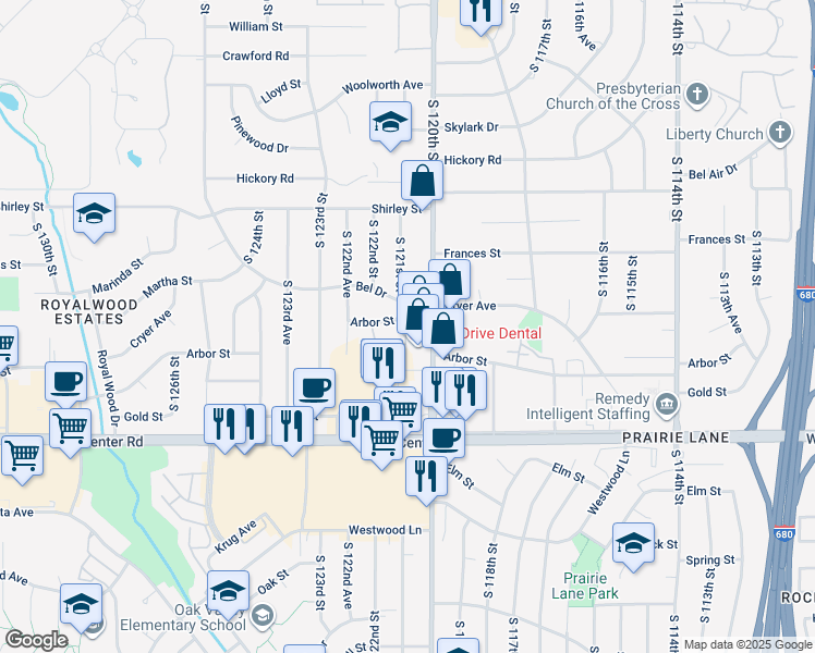 map of restaurants, bars, coffee shops, grocery stores, and more near 12107 Bel Drive in Omaha
