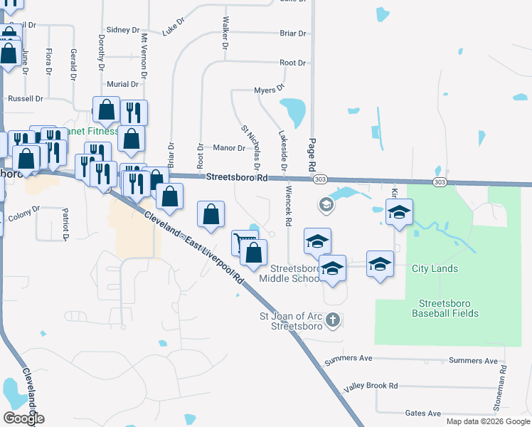 map of restaurants, bars, coffee shops, grocery stores, and more near 1738 Ohio 303 in Streetsboro