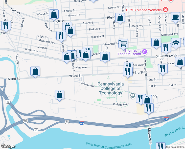 map of restaurants, bars, coffee shops, grocery stores, and more near 301 Grier Street in Williamsport