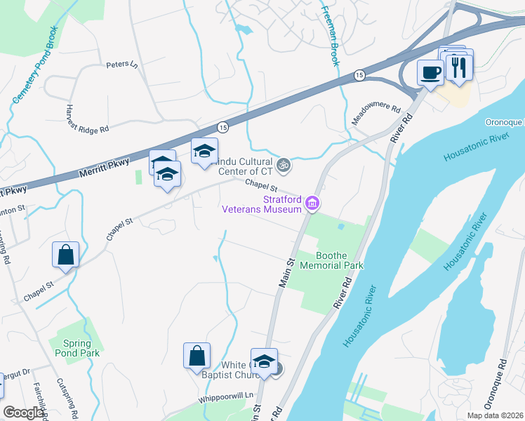 map of restaurants, bars, coffee shops, grocery stores, and more near 95 Chapel Street in Stratford