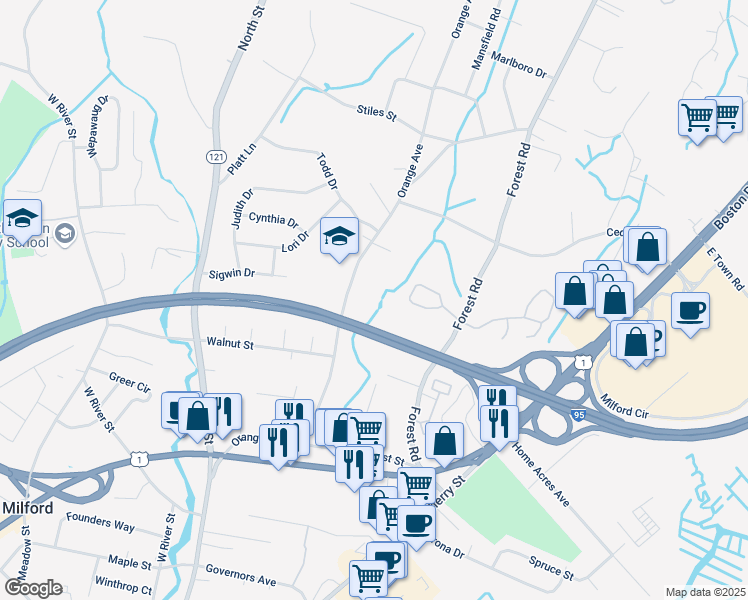 map of restaurants, bars, coffee shops, grocery stores, and more near 239 Orange Avenue in Milford