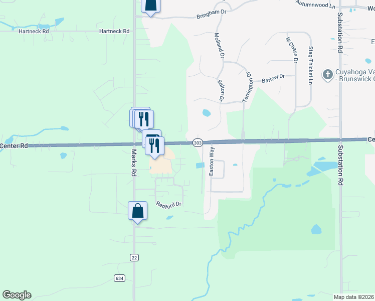 map of restaurants, bars, coffee shops, grocery stores, and more near 5205 Center Road in Brunswick