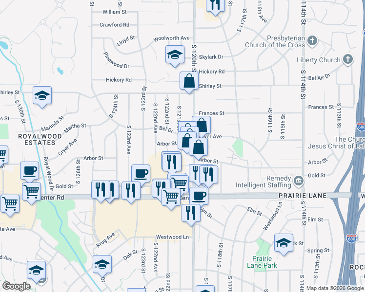 map of restaurants, bars, coffee shops, grocery stores, and more near 12107 Bel Drive in Omaha