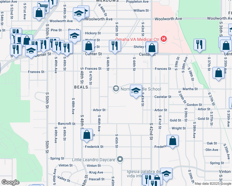 map of restaurants, bars, coffee shops, grocery stores, and more near 2235 South 46th Street in Omaha