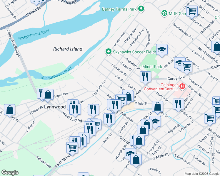 map of restaurants, bars, coffee shops, grocery stores, and more near 306 Plymouth Avenue in Wilkes-Barre