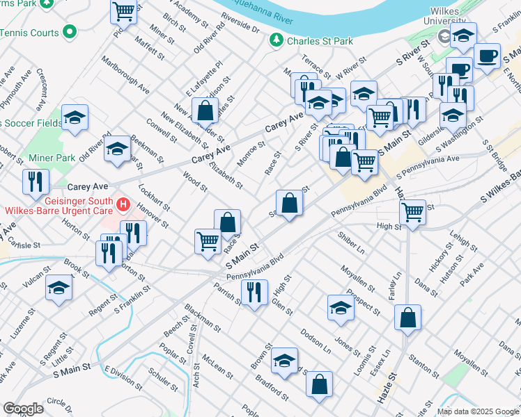 map of restaurants, bars, coffee shops, grocery stores, and more near 578 South Franklin Street in Wilkes-Barre