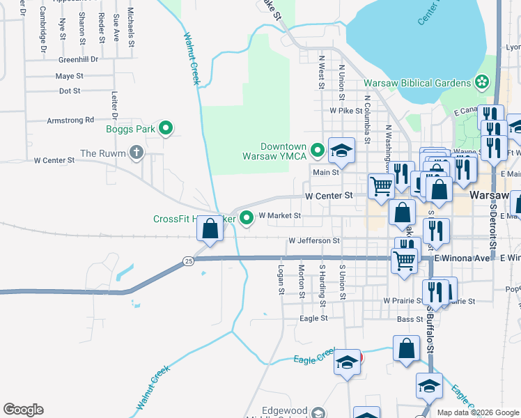 map of restaurants, bars, coffee shops, grocery stores, and more near 780 W Center St in Warsaw