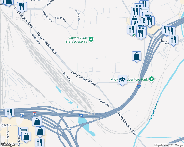 map of restaurants, bars, coffee shops, grocery stores, and more near 105 Landmark Drive in Council Bluffs