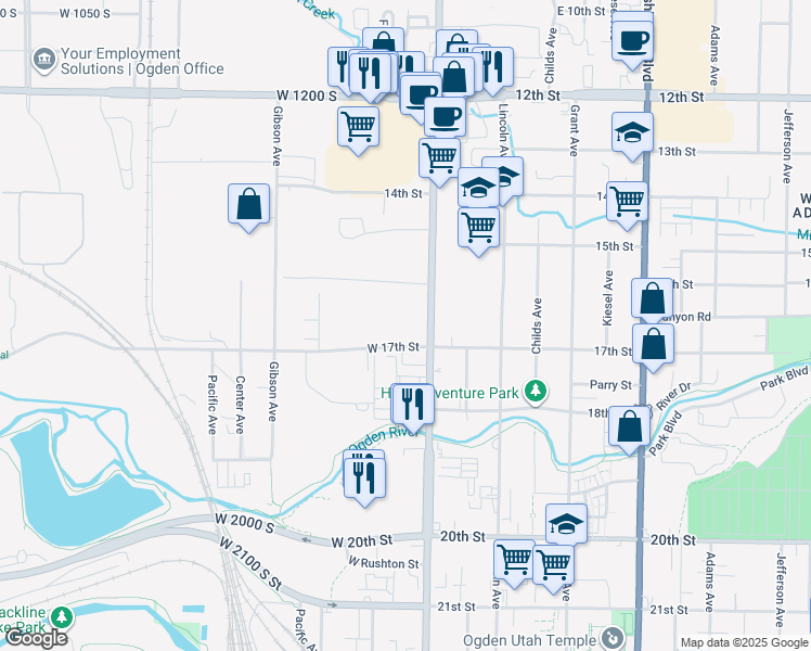 map of restaurants, bars, coffee shops, grocery stores, and more near 1685 Wall Avenue in Ogden